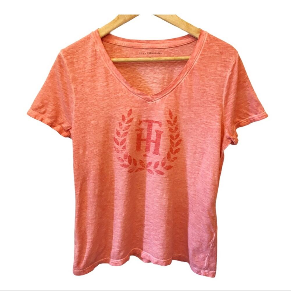 Tommy Hilfiger V-Neck T-Shirt Small Coral Short Sleeve Graphic